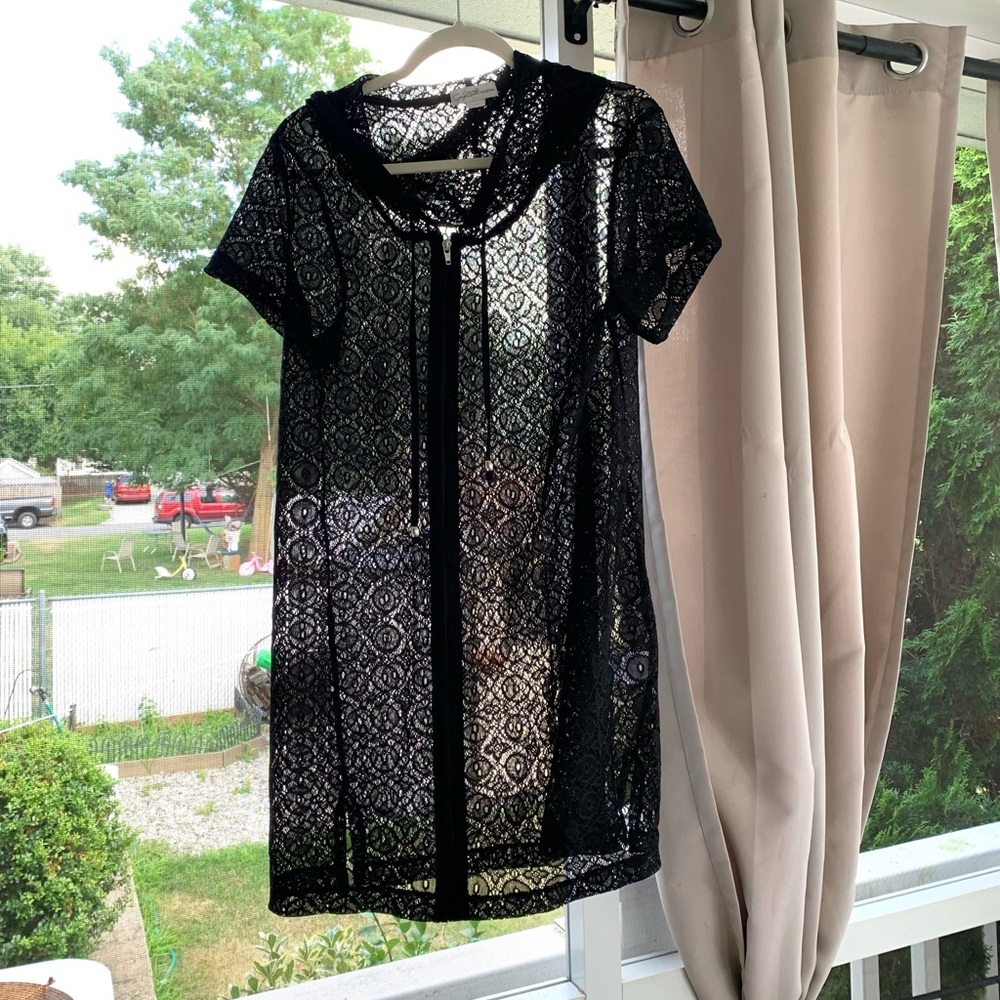 Lace bathing suit cover up with zipper and hood